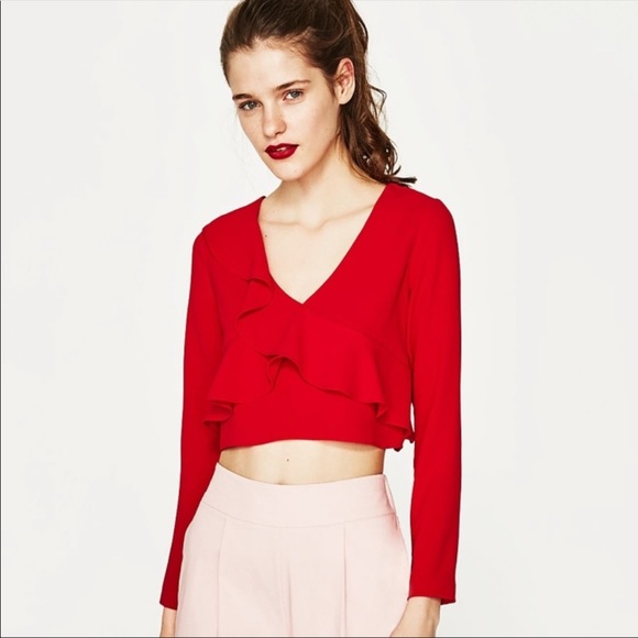 Zara | Tops | Zara Red Cropped Long Sleeve Top With Ruffles Nwot | Poshmark